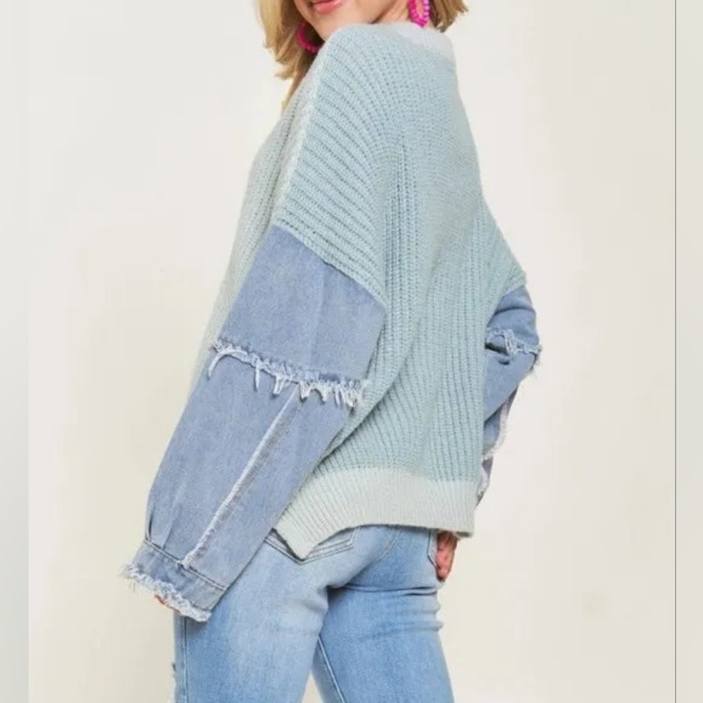 Adora Women's Frayed Denim Sleeved Contrast Sweater - Picture 2 of 7